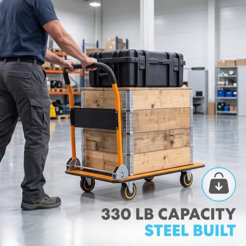 Simpli-Magic Push Cart Dolly, 330 LBS – Foldable Moving Platform Hand Truck – Easy Storage, 360 Degree Swivel Wheels Flat Bed Cart