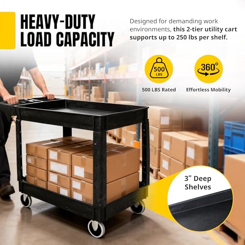 MaxWorks 2‑Tier Heavy‑Duty Utility Service Cart 500 lb Capacity 46" x 25.5" x 33.5" with 5" Swivel Casters and Polypropylene Shelves for Garage Workshop Warehouse Office (80858) - size: 46 inch x 25.5 inch x 33.5 inch