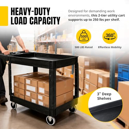MaxWorks 2‑Tier Heavy‑Duty Utility Service Cart 500 lb Capacity 46" x 25.5" x 33.5" with 5" Swivel Casters and Polypropylene Shelves for Garage Workshop Warehouse Office (80858) - size: 46 inch x 25.5 inch x 33.5 inch