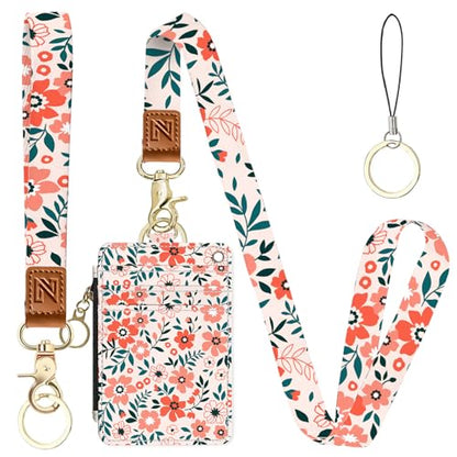 Flowers 2-in-1 ID Badge Holder & Lanyard Wallet for Teachers,Nurse,Professionals-Cute Zippered Coin Pouch,Removable Wristlet & Neck Lanyard,5 Card Slots Stylish Work Essential 2 - color: Flowers 2