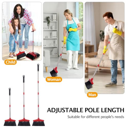 Broom and Dustpan Set,54.72"Long Handle,Standing Dustpan,Black&Red - color: Red Black