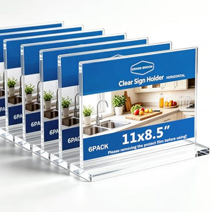 6 Pack 11x8.5 Clear Acrylic Sign Holder Stand, Horizontal Double-Sided Display, Stand By Straight or Tilted, Desktop Picture Frame, Menu Holder, Certificate Frame - size: 6 pack 11*8.5"