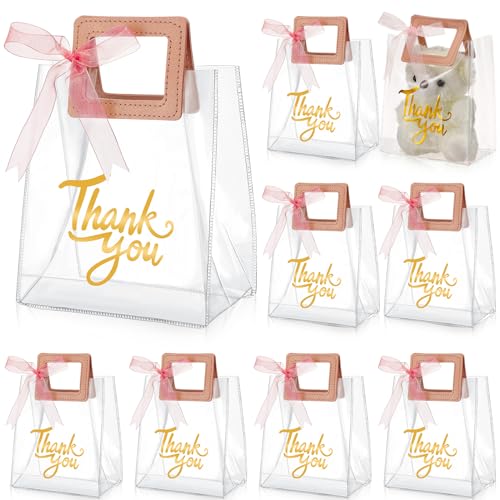 Sabary 12 Pcs Clear Gift Bag with Handle Thank You Gift Handbag, Pink - color: Pink