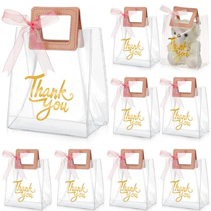 Sabary 12 Pcs Clear Gift Bag with Handle Thank You Gift Handbag, Pink - color: Pink