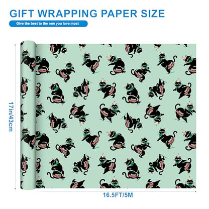 Sikiweiter Funny Black Cat Birthday Wrapping Paper Roll, 17 Inch x 16.5 Feet, Gift Wrap with Happy Birthday Text, Mint Green Background, Fun Kitty Birthday Paper(Funny Black Cat Birthday) - color: Funny Black Cat Birthday