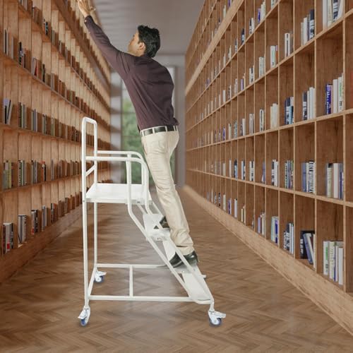 4-Step Rolling Warehouse Step Ladder, Industrial Mobile Stair w/Lockable Wheels, 880lbs Capacity, Cold-Rolled Steel Step Stairs, Heavy Duty Factory Pickup Shelf for Supermarket