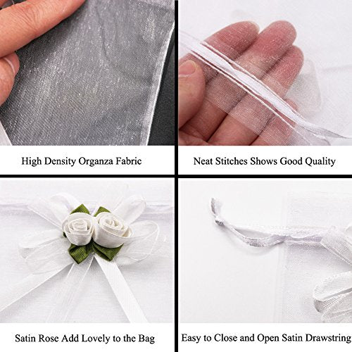 SumDirect Rose Organza Gift Bags - 50Pcs 4x5 inch White Wedding Favor Gift Bags, Jewelry Pouches with Drawstring for Party Wedding Christmas Valentine - color: White