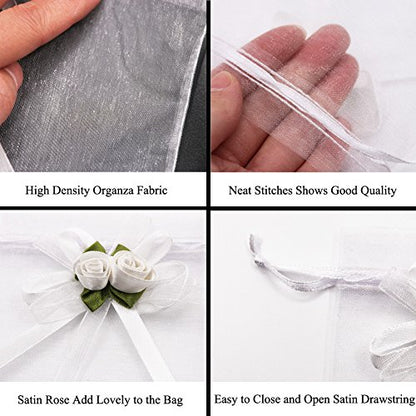 SumDirect Rose Organza Gift Bags - 50Pcs 4x5 inch White Wedding Favor Gift Bags, Jewelry Pouches with Drawstring for Party Wedding Christmas Valentine - color: White