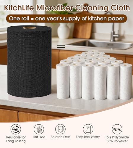 KitchLife Microfiber Cleaning Cloth Roll, 100 Pack - Tear-Away Microfiber Paper Towels, Lint-Free, Reusable, Washable for Kitchen, Car, Dishes, and Sensitive Surfaces (Black) - color: Black, size: 100 Pack