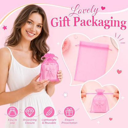 ANZNKU 100PCS Organza Bags 6x9, Pink Small Mesh Gift Bags Drawstring Bulk - color: Pink