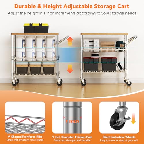 3 Tier Rolling Kitchen Carts on Wheels with Storage,650Lbs Heavy Duty Utility Carts with Wheels,Kitchen Island with Wood Tabletop,Metal Serving Rolling Cart for Small Appliance Food Cart,Wood+Metal - color: Wood+chrome
