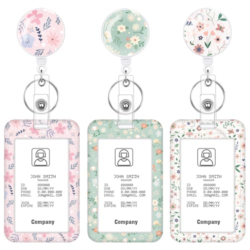 3 Pack Floral Id Badge Holder with Retractable Reel, Vertical Clip - color: Small Flower