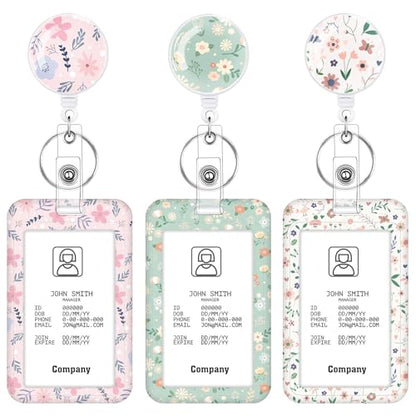 3 Pack Floral Id Badge Holder with Retractable Reel, Vertical Clip - color: Small Flower