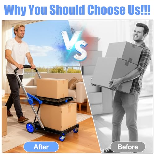 Foldable Shopping Cart, Heavy Duty Collapsible Cart with Wheels, 198 lbs Capacity, Compact Fold to 4.33", Aluminum Frame & Removable PP Wheels, Includes 2 Storage Boxes (Blue)