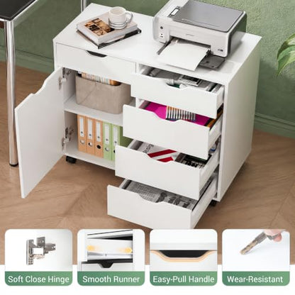 DEVAISE 5-Drawer Wood Office Cabinet, Craft Storage Cabinet, White - color: White - 3 Medium + 2 Small