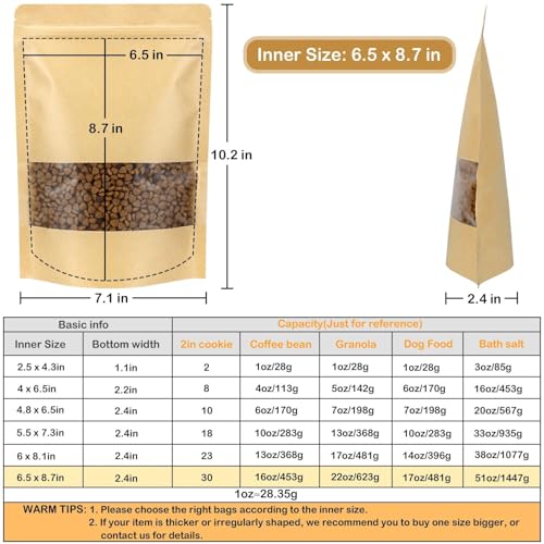 50 Pack Kraft Resealable Bags with Window for Storage (6.5 x 8.7 Inches) - size: 6.5 x 8.7 Inches