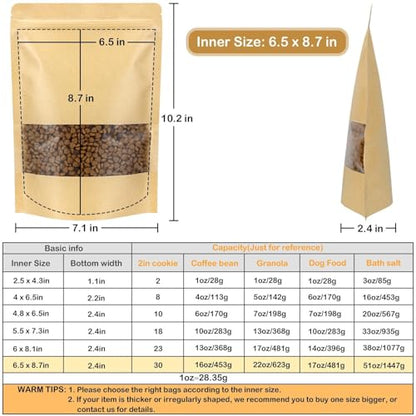 50 Pack Kraft Resealable Bags with Window for Storage (6.5 x 8.7 Inches) - size: 6.5 x 8.7 Inches