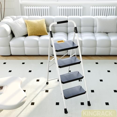 KINGRACK 4 Step Ladder, Folding Step Ladders for Home, 800lb Capacity,White - size: 4-STEP
