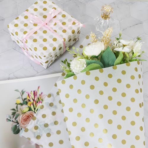 BEISHIDA White and Gold Tissue Paper Bulk, Polka Dot Wrapping Tissue Paper for Gift Bags, 14 x 20 Inch Gift Wrap for Christmas Birthday Wedding Graduation DIY Crafts Holiday Flowers,50 Sheets - color: dots-whitegold