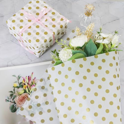 BEISHIDA White and Gold Tissue Paper Bulk, Polka Dot Wrapping Tissue Paper for Gift Bags, 14 x 20 Inch Gift Wrap for Christmas Birthday Wedding Graduation DIY Crafts Holiday Flowers,50 Sheets - color: dots-whitegold