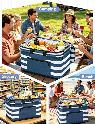 26L Insulated Picnic Basket,Collapsible Leak-Proof Bag,Coastal Blue - color: Coastal Blue, size: 26L