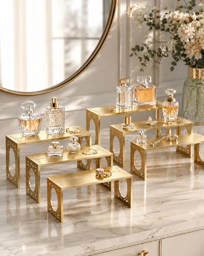 Gold Risers Display Stands, 6-Piece Metal Purse & Perfume Display Set