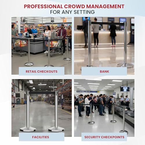 Crowd Control Warehouse Retractable Belt Stanchion Barriers, 2 Pack, 11 Ft - color: Black Belt, Polished Stainless Steel Post