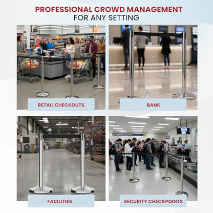 Crowd Control Warehouse Retractable Belt Stanchion Barriers, 2 Pack, 11 Ft - color: Black Belt, Polished Stainless Steel Post