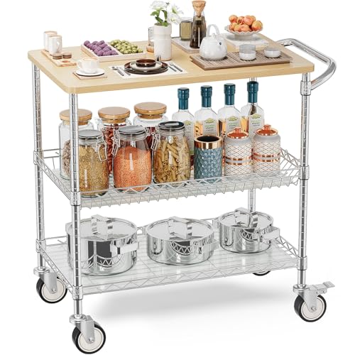 Rolling Kitchen Carts with Wheels, 3-Tier Utility Cart with Wood Tabletop - color: Wood-chrome