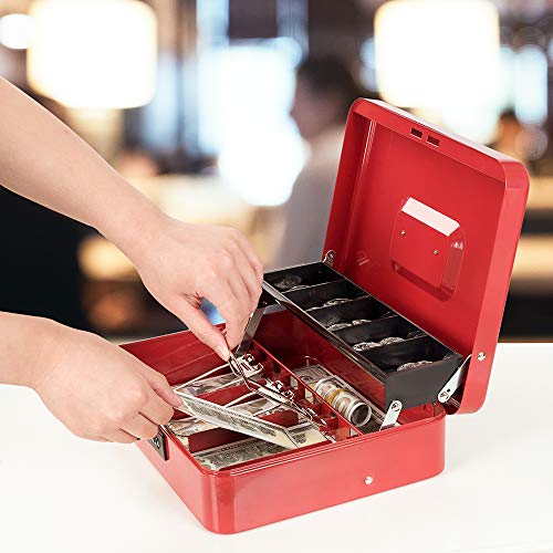 Cash Box with Money Tray and Combination Lock, Metal Money Box for Cash Register, Tiered Lock Box for Money 11.8" x 9.4" x 3.54" Red - color: Red with Combination Lock