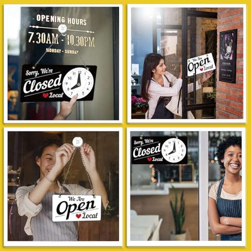PLIGREAT Classic Open Closed Sign Double Sided Open Sign with Clock We Are Opened Closed Signs for Business Retail Store Window Wall Decor Hanging Door Signs with Chain, Black White - style: Black White