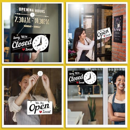 PLIGREAT Classic Open Closed Sign Double Sided Open Sign with Clock We Are Opened Closed Signs for Business Retail Store Window Wall Decor Hanging Door Signs with Chain, Black White - style: Black White