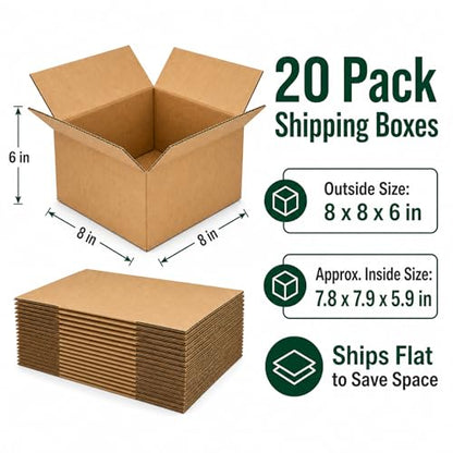 8x8x6 Brown Kraft Shipping Boxes for Small Business, 20 Pack - size: 8x8x6 Inch