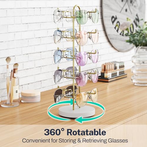 NiHome Rotatable Sunglasses Stand Organizer, Sunglasses Display Rack, Gold - color: Gold