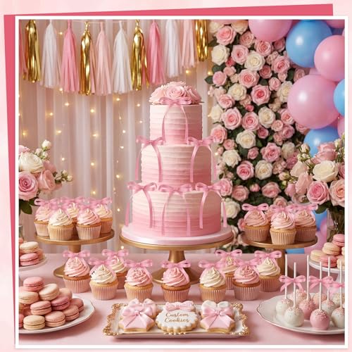 30 Pack Bow Cake Toppers Rose Pink Ribbon Bows for Cake - color: Rose Pink