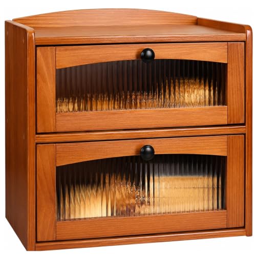 Wooden Bread Box for Kitchen Countertop, 2-Tier Bread Storage with Window - color: Teak