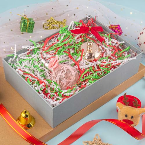Caleihd Crinkle Cut Paper Shred Filler Gift Cushion Streamer 3 Mix Color - color: Green& Red& White