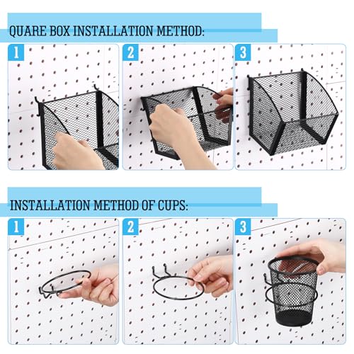 6 Set Pegboard Accessories Wall Organizer Peg Board Baskets and Cups Black Metal Pegboard Baskets and Wire Mesh Cup with Ring Hook Assortment Bin Holder for Organizing Storage Office Garage