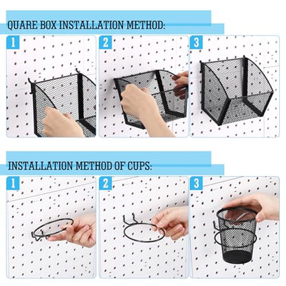6 Set Pegboard Accessories Wall Organizer Peg Board Baskets and Cups Black Metal Pegboard Baskets and Wire Mesh Cup with Ring Hook Assortment Bin Holder for Organizing Storage Office Garage