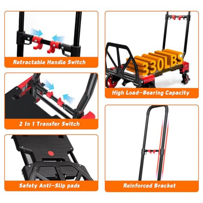 2-in-1 Folding Hand Truck with Folding Basket,Hand Truck with Retractable Handle, 330LBS Capacity Heavy Duty Hand Dolly, Dolly Cart with Wheels for Luggage/Moving/Travel - color: Red-a