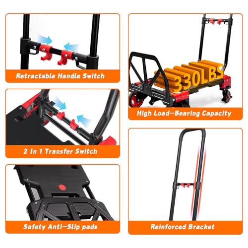 2-in-1 Folding Hand Truck with Folding Basket,Hand Truck with Retractable Handle, 330LBS Capacity Heavy Duty Hand Dolly, Dolly Cart with Wheels for Luggage/Moving/Travel - color: Red-a