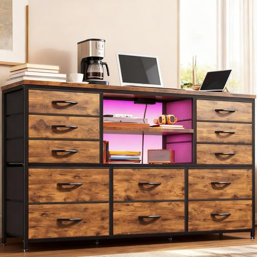 EnHomee Dresser for Bedroom with LED Lights & Charging Station - color: Rustic Brown