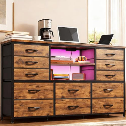 EnHomee Dresser for Bedroom with LED Lights & Charging Station - color: Rustic Brown