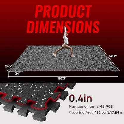 SUPERJARE 0.4'' Thick 48 Pcs 192 Sq Ft Rubber Top Exercise Equipment Mats - size: 48 Tiles (192 Sq Ft)