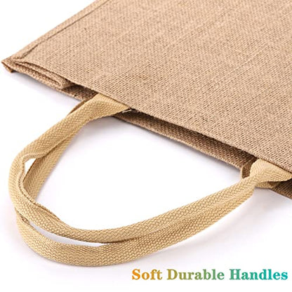 DEAYOU 6 Pack Large Jute Burlap Tote Bag, Jute Beach Bag with Laminated Interior, Burlap Gift Tote with Handle, Reusable Lined Market Grocery Shopping Bag for DIY, Wedding,15.4''x12.2''x5.9''