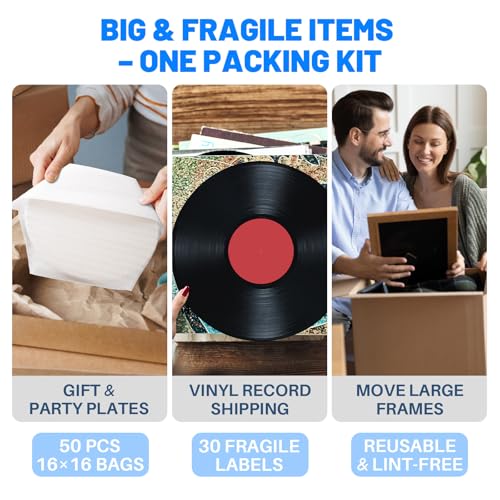 Large Thickened Cushion Foam Pouches, 50 Pack, 16×16 in, 1/14" (1.8 mm) Thick + 30 Fragile Labels, Reusable Moving Packing Supplies for Dishes, Plates & Fragile Items