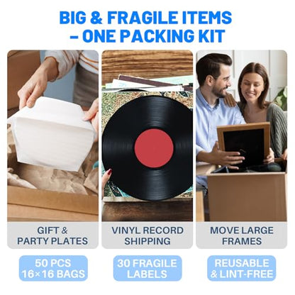 Large Thickened Cushion Foam Pouches, 50 Pack, 16×16 in, 1/14" (1.8 mm) Thick + 30 Fragile Labels, Reusable Moving Packing Supplies for Dishes, Plates & Fragile Items