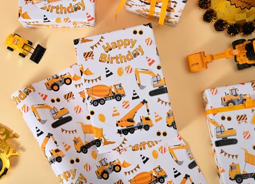 Sikiweiter Construction Truck Birthday Wrapping Paper Roll - Yellow Trucks, Cones, and Balloons Design - 17 inch x 16.5 feet(Construction) - color: Construction