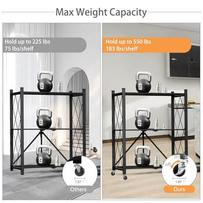 3 Tier Foldable Storage Shelf with Wheels Garage Shelving - color: Black, size: 3 Tier