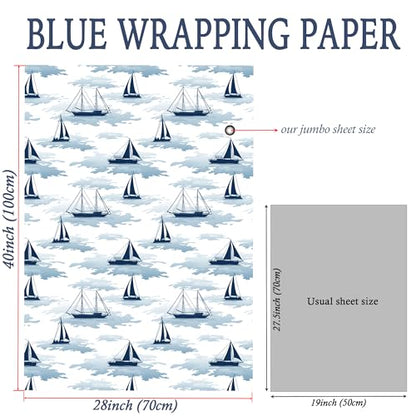SaringSwoon Blue Ocean Wrapping Paper - Nautical Sailboat Gift Wrap with Ocean Boat and Waves Design for Birthday, Baby Shower, Summer, Father's Day, Graduation - 28×40 Inches, 4 Jumbo Folded Sheets - color: Blue Sailboat